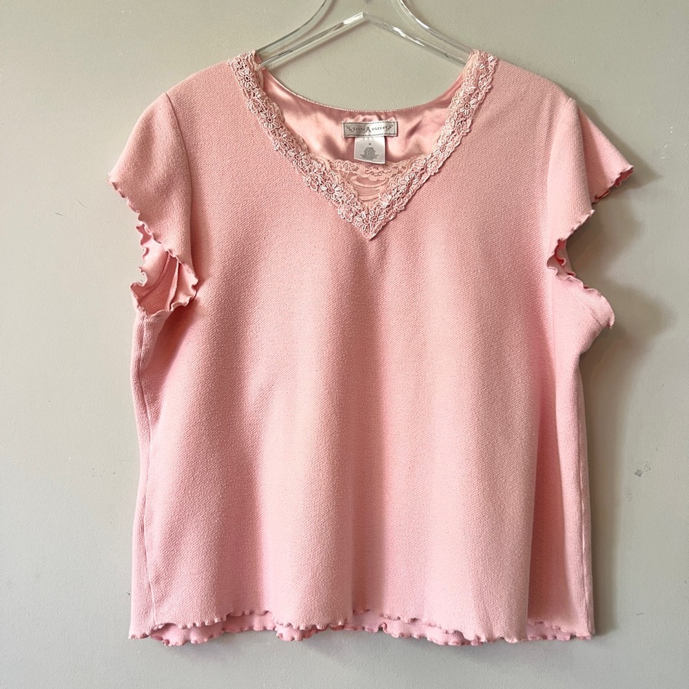 Vintage Pink Knit Lace Trim Ruffle Thermal Crop Top